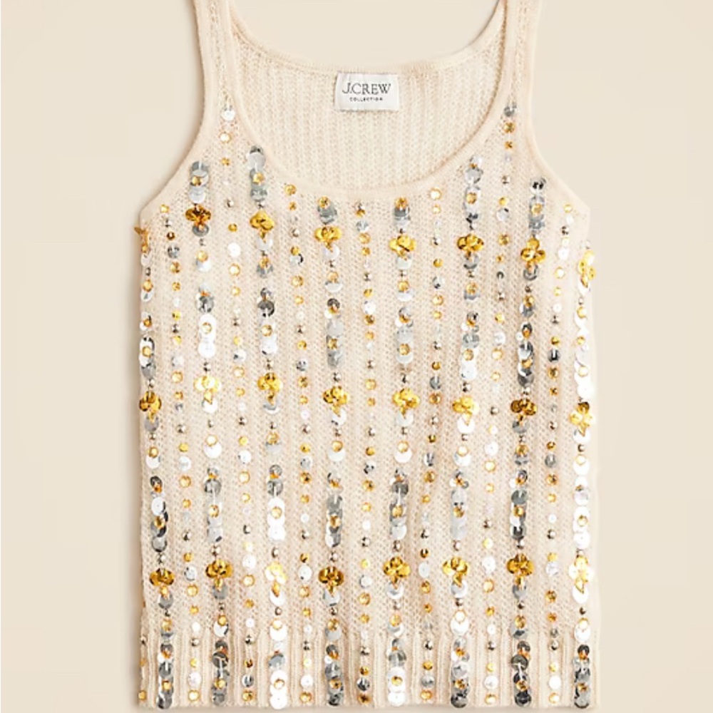 J. Crew Beige Tank Top with Gold and Silver Sequins